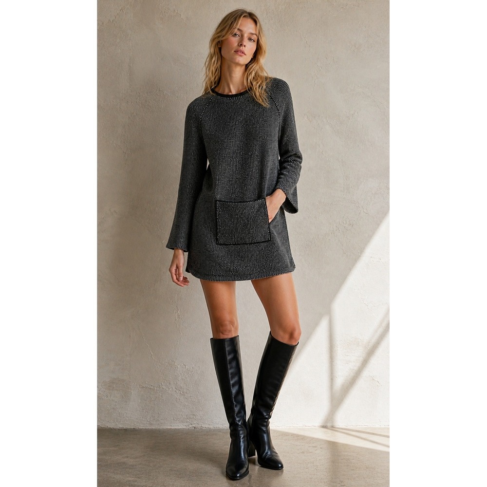 White + Warren Sm Shift Dress Tweed Knit Leather Pocket Mini Pocket Academia TRR